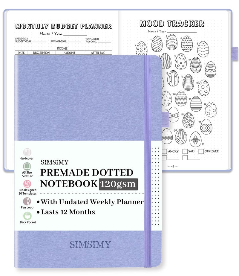 SIMSIMY Premade Dotted Journal Notebook, Pre-made Dot Grid Notebook with Undated Weekly & Monthly Planner, Trackers, Bullet Templates - 12 Months Organization, 237 Numbered Pages A5 Hardcover Leather - Image 1