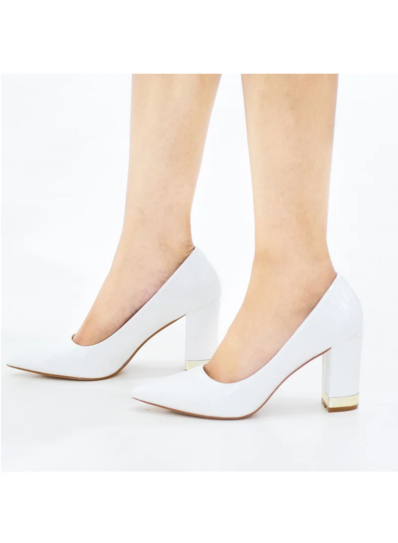LAMARAPARIS Himani pat court shoe on 8.5cm block gold trim heel white