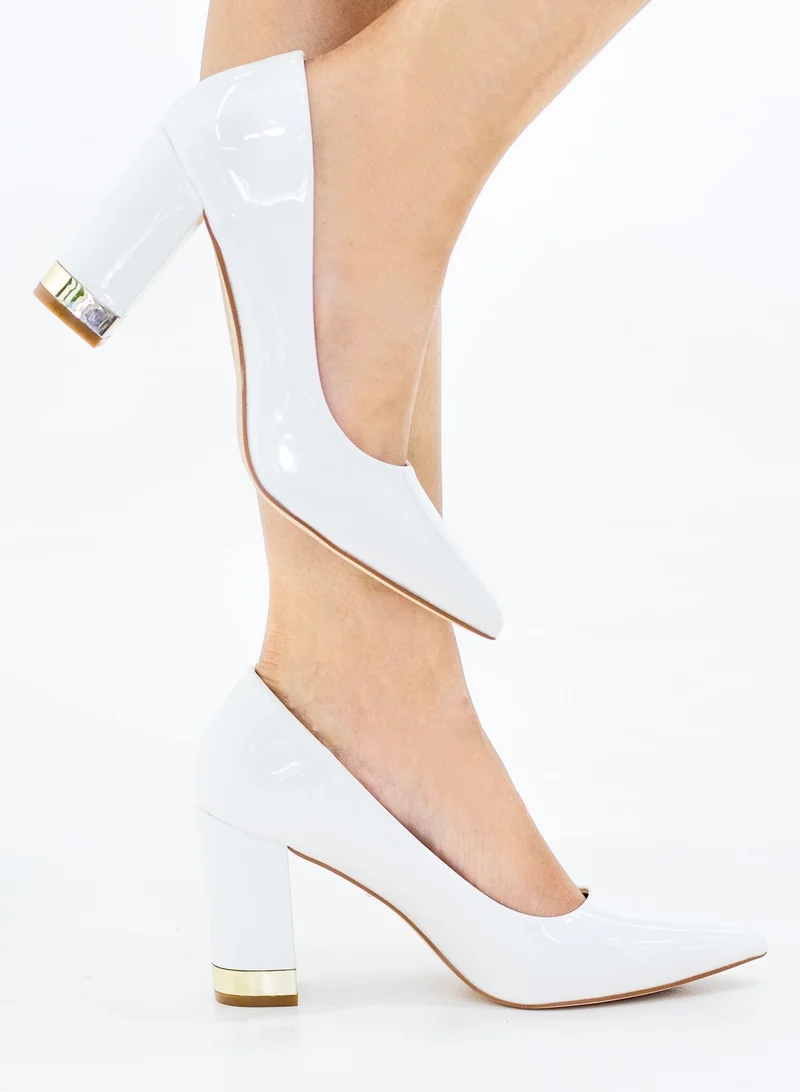LAMARAPARIS Himani pat court shoe on 8.5cm block gold trim heel white