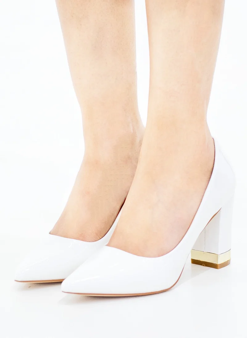 LAMARAPARIS Himani pat court shoe on 8.5cm block gold trim heel white