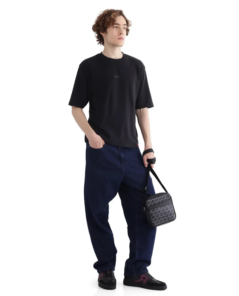 Rare Rabbit Men's Textured Crew Neck Tonal Hd Print T-Shirt