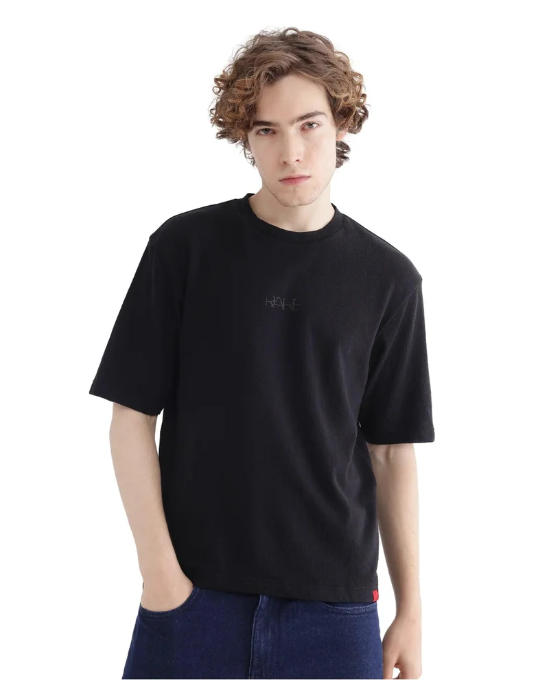 Rare Rabbit Men's Textured Crew Neck Tonal Hd Print T-Shirt