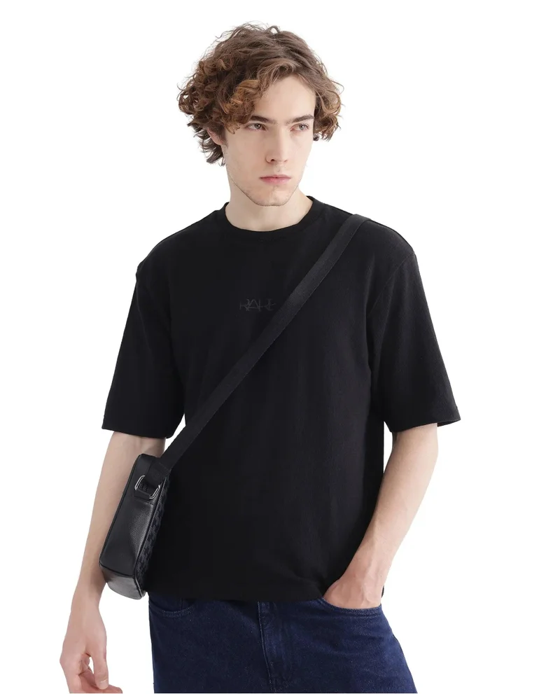 Rare Rabbit Men's Textured Crew Neck Tonal Hd Print T-Shirt