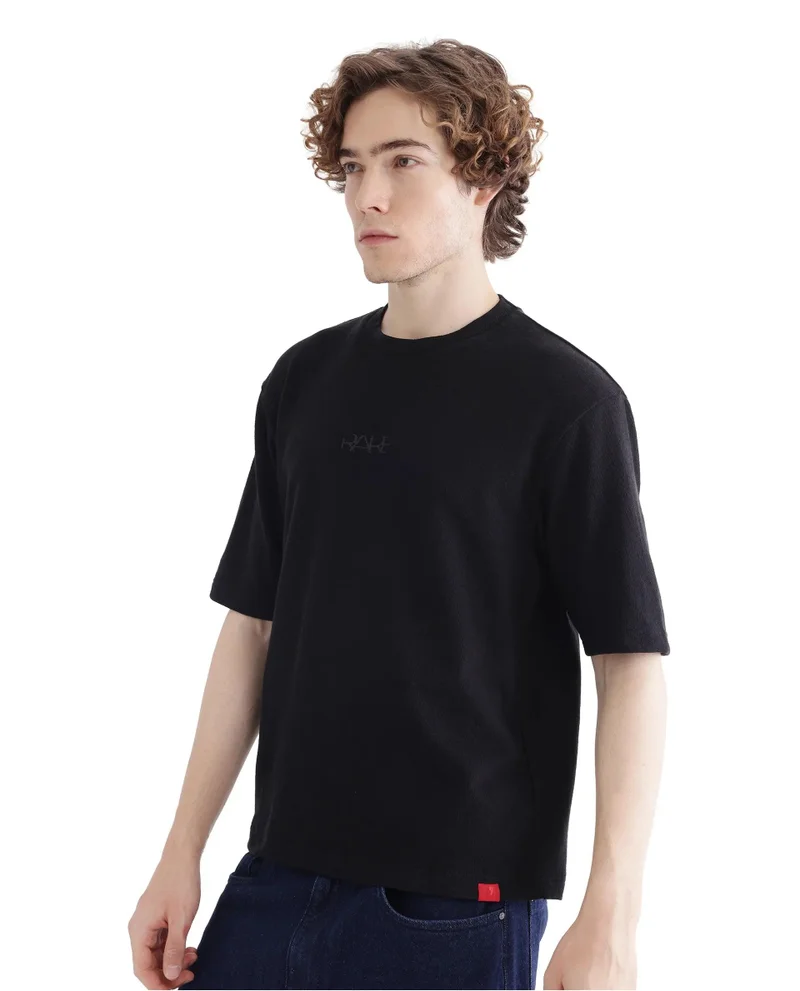 Rare Rabbit Men's Textured Crew Neck Tonal Hd Print T-Shirt