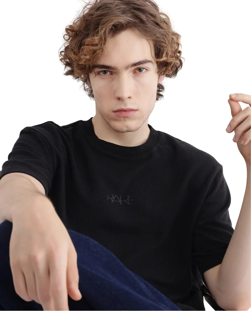 Rare Rabbit Men's Textured Crew Neck Tonal Hd Print T-Shirt