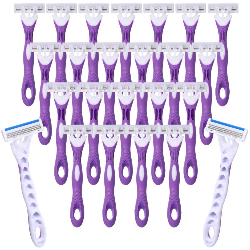 Leriton 48 Count Womens Disposable Razors Bulk Purple 3 Blade Sensitive Skin Bikini Line Razor for Bathing Hotel Travel