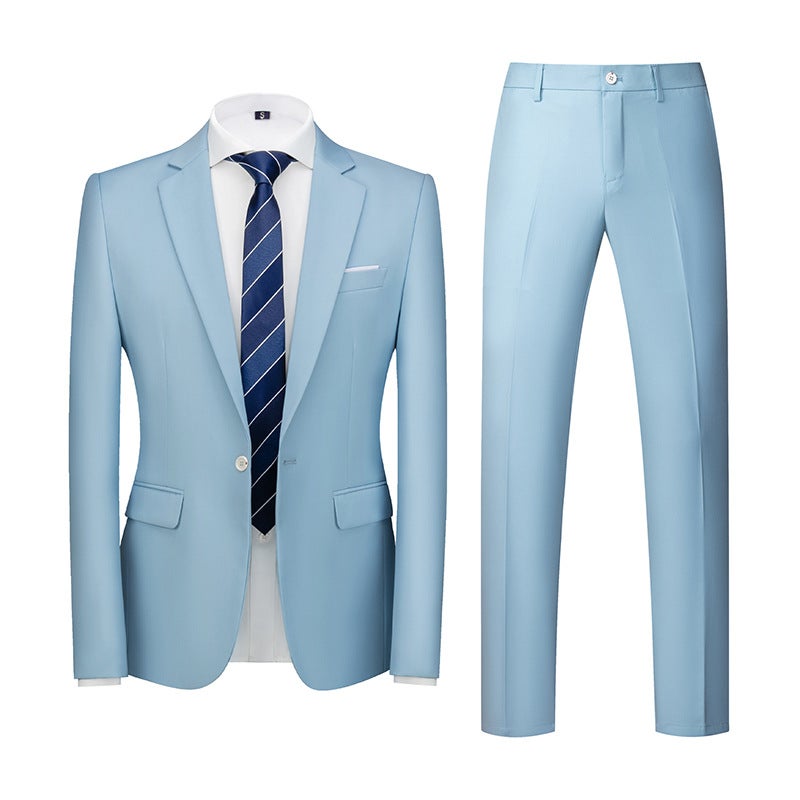 Special Slim Korean Suit Wedding One-Button Two-Piece 3D Sky Blue - Image 2