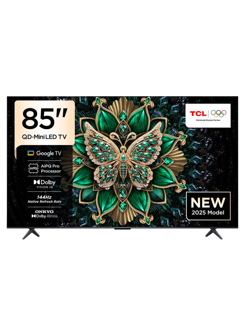تي سي إل تلفاز ذكي 85 بوصة 4K QD-Mini LED ملون كريستال كوانتم HDR 10+ للألعاب Google TV، معدل تحديث أصلي 144Hz، ONKYO 2.1 Hi-Fi، Dolby Atmos، وضع الذكاء الاصطناعي، معلم الألعاب (طراز 2025)، ضمان لمدة 2 سنة - Image 1