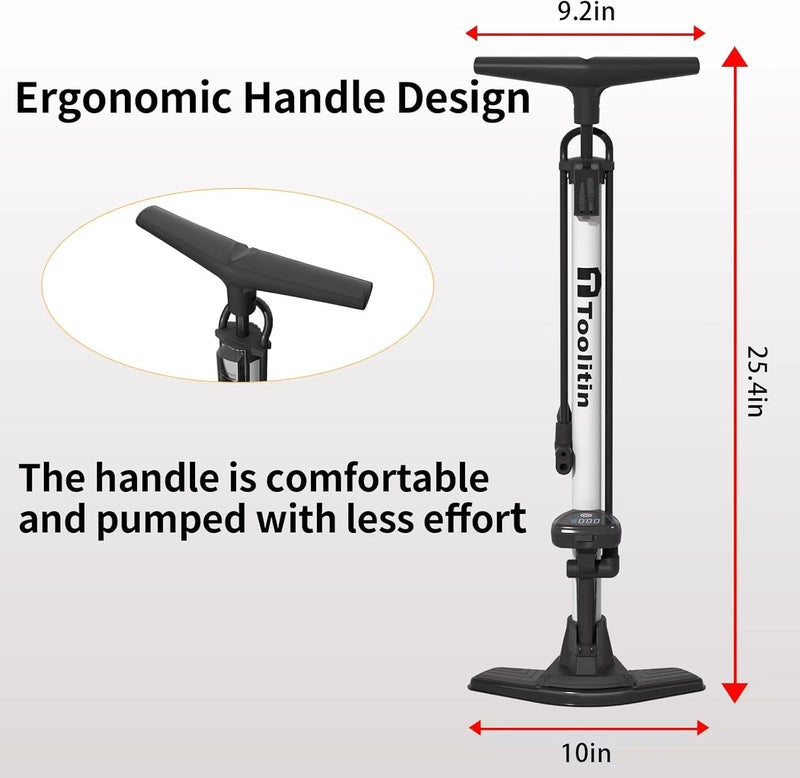 TOOLITIN Floor Bike Pump with Gauge,160 PSI High Pressure,Bicycle Pump Compatible with Presta and Schrader Valve - Image 2