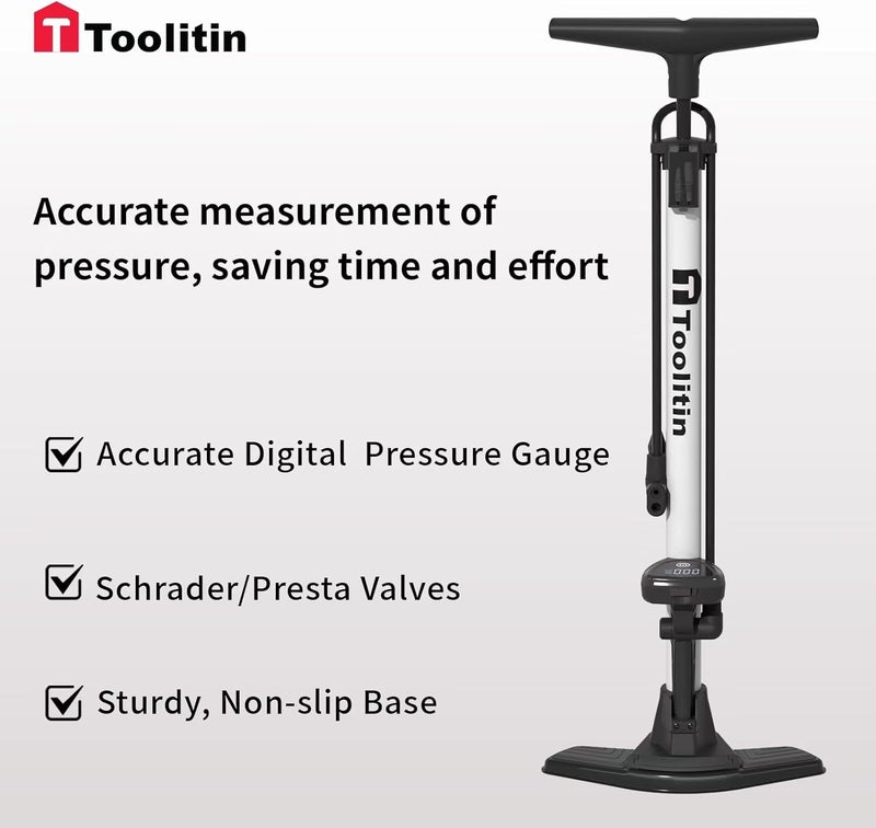 TOOLITIN Floor Bike Pump with Gauge,160 PSI High Pressure,Bicycle Pump Compatible with Presta and Schrader Valve - Image 4