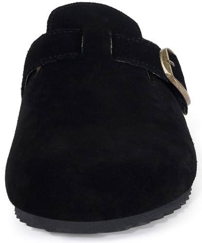 Intini Suede Leather Clogs for Womens Mens Slip on Mules Antislip Cork Sandals with Arch Support Potato Shoes Buckle Black - Image 2