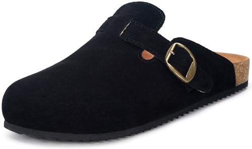 Intini Suede Leather Clogs for Womens Mens Slip on Mules Antislip Cork Sandals with Arch Support Potato Shoes Buckle Black - Image 1