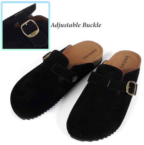 Intini Suede Leather Clogs for Womens Mens Slip on Mules Antislip Cork Sandals with Arch Support Potato Shoes Buckle Black - Image 5