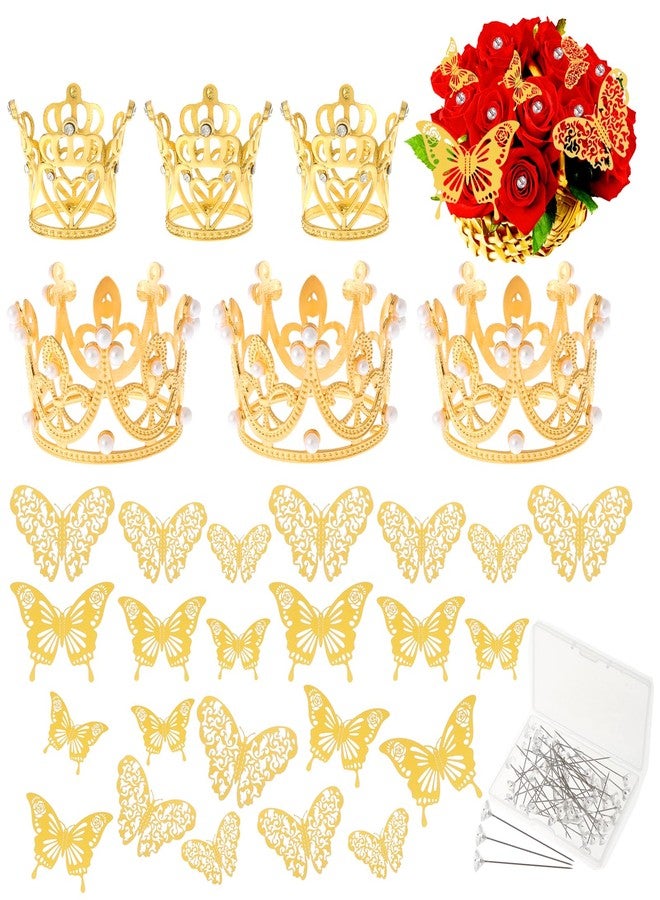 Phnydreg 80 PCS Flower Bouquets Accessories including 6Pcs Mini Gold Crowns with 24Pcs Butterflies Decoration and 50Pcs Flower Pins for Valentine's Day Wedding Birthday Cake Toppers Decor - Image 1