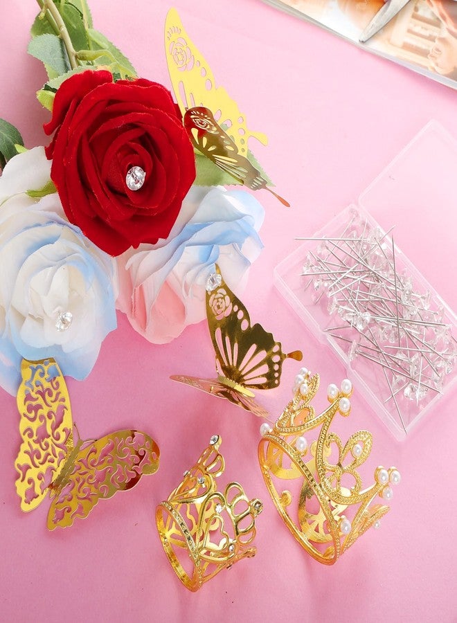 Phnydreg 80 PCS Flower Bouquets Accessories including 6Pcs Mini Gold Crowns with 24Pcs Butterflies Decoration and 50Pcs Flower Pins for Valentine's Day Wedding Birthday Cake Toppers Decor - Image 3