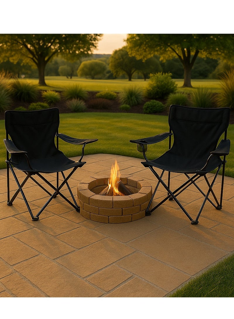 المفرج طقم 2 كرسي رحلات وتخييم قابل للطي باللون الأسود مع ذراعين وحامل أكواب – مزود بشنطة ظهر محمولة لسهولة التنقل، مصمم ليتحمل الأوزان الثقيلة ويوفر الراحة والثبات في البر، الحدائق، والشاطئ. رفيقك المثالي لكل مغامرة. - Image 1