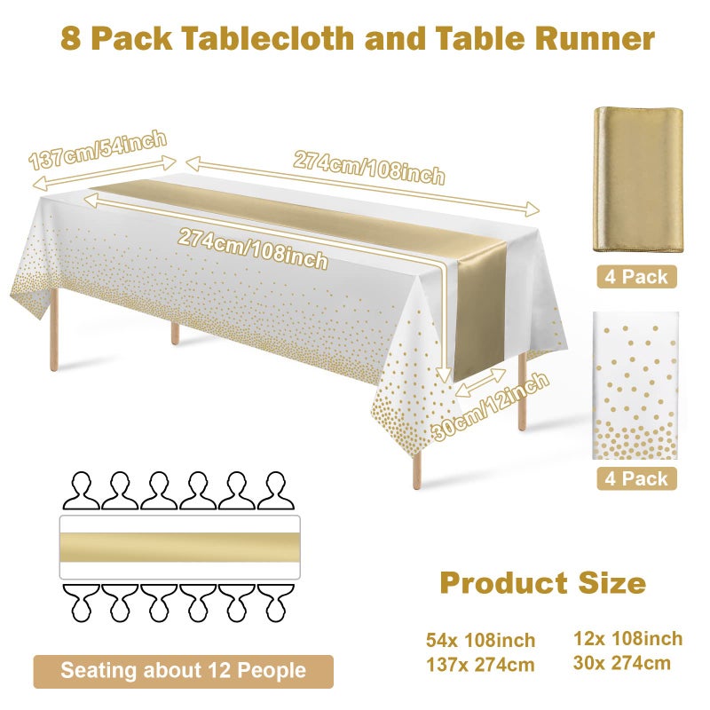 MASHAN 8Pack Disposable Plastic Tablecloths and Satin Table Runner Set White and Gold Dot Tablecloth Gold Satin Table Runner for Wedding Birthday Baby Shower Anniversary Christmas New Year Party Decorations - Image 2