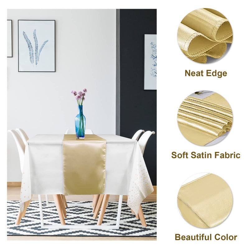 MASHAN 8Pack Disposable Plastic Tablecloths and Satin Table Runner Set White and Gold Dot Tablecloth Gold Satin Table Runner for Wedding Birthday Baby Shower Anniversary Christmas New Year Party Decorations - Image 3