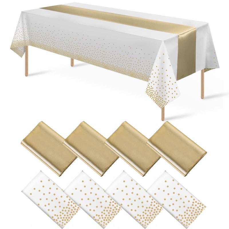 MASHAN 8Pack Disposable Plastic Tablecloths and Satin Table Runner Set White and Gold Dot Tablecloth Gold Satin Table Runner for Wedding Birthday Baby Shower Anniversary Christmas New Year Party Decorations - Image 1