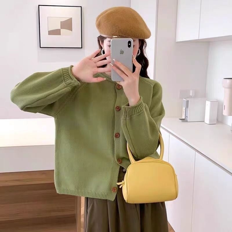 Knitted Cardigan Sweater Coat Lazy Single Row Solid Color 2024 Round Neck New Loose Top - Image 4