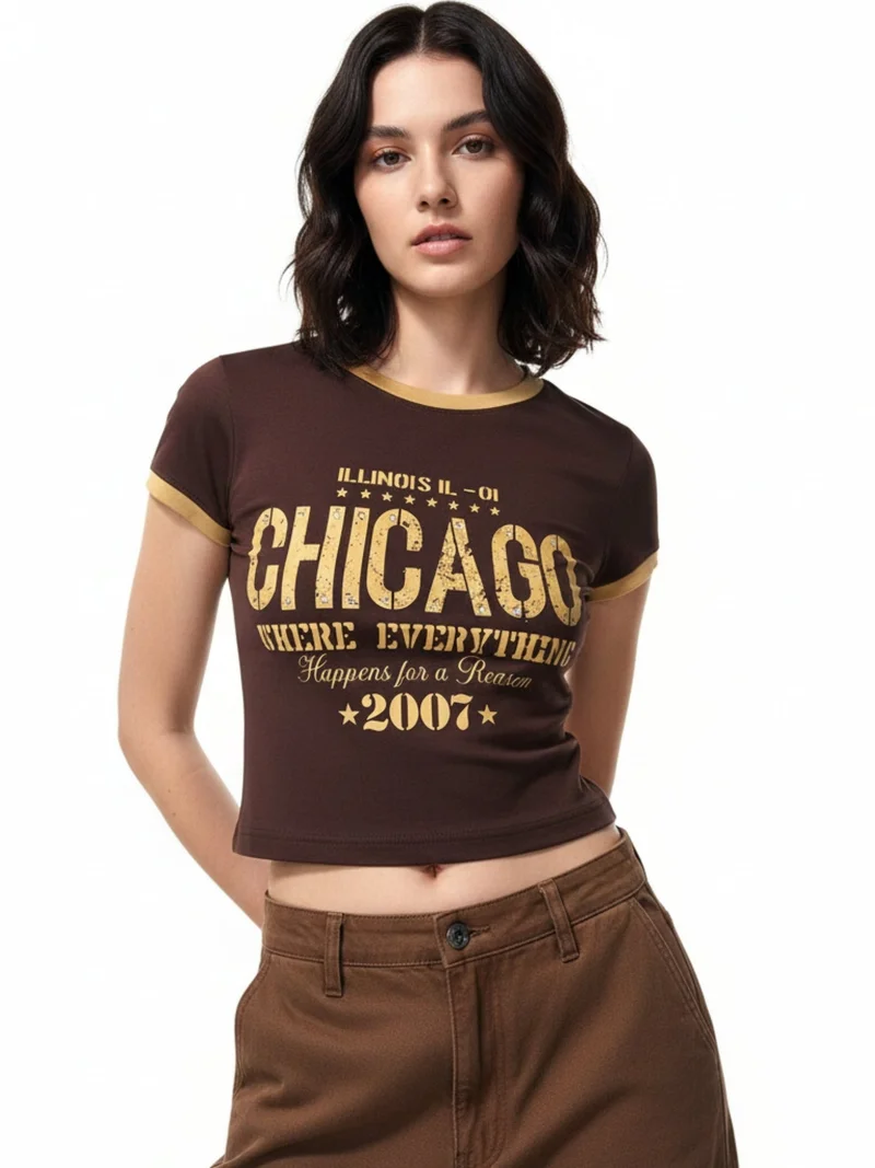 Outzidr  Brown Fitted Studded Printed Graphic T-Shirt for Women | Best Price UAE