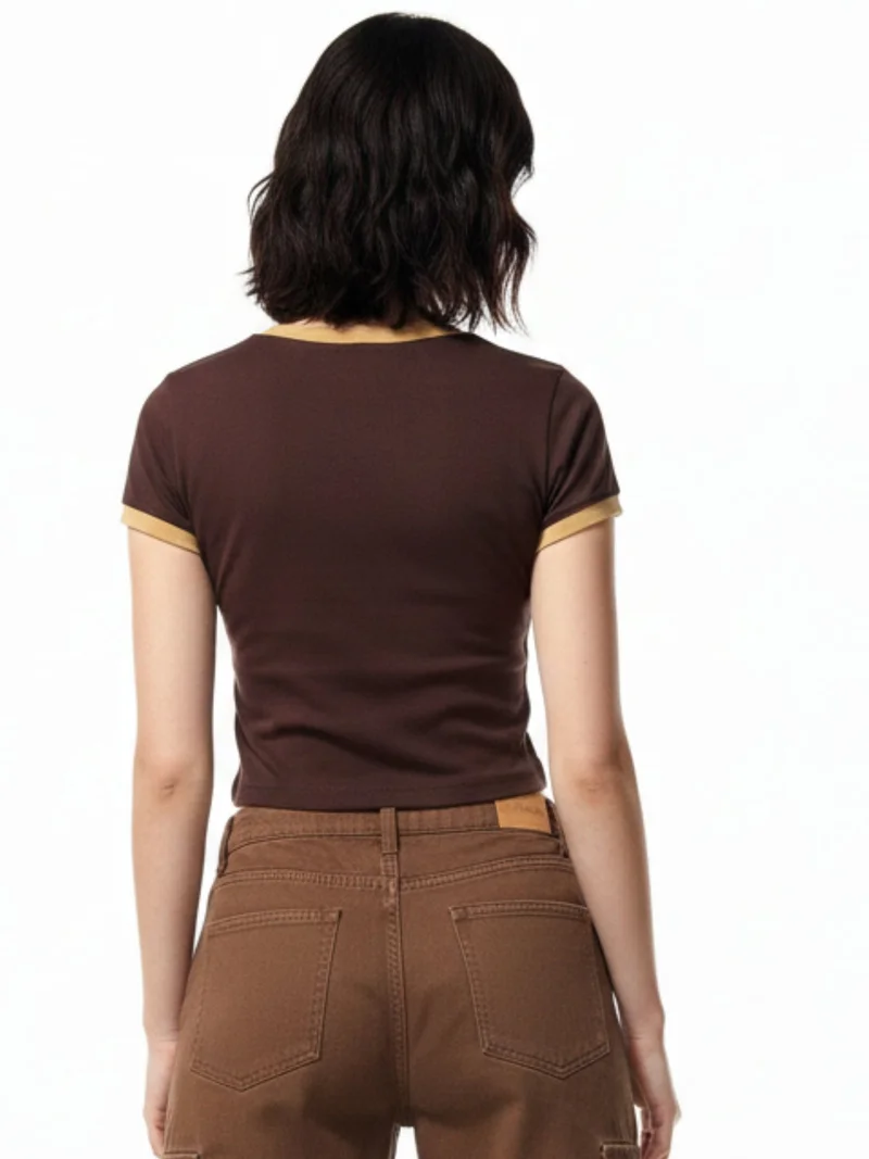 Outzidr  Brown Fitted Studded Printed Graphic T-Shirt for Women | Best Price UAE