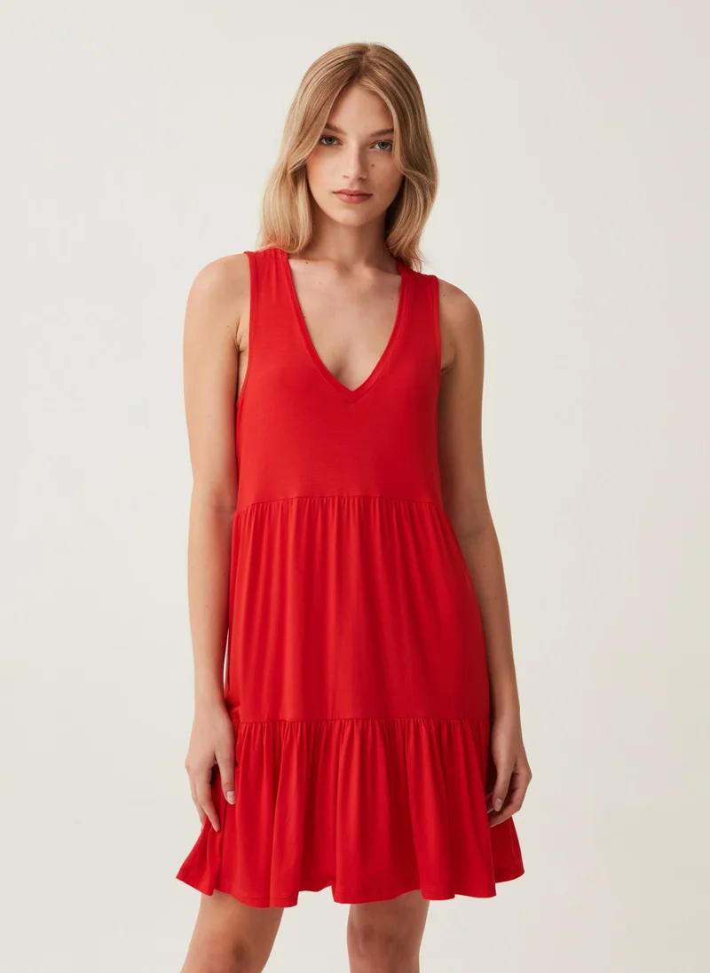 او في اس Ovs Short Sleeveless Dress With V Neck