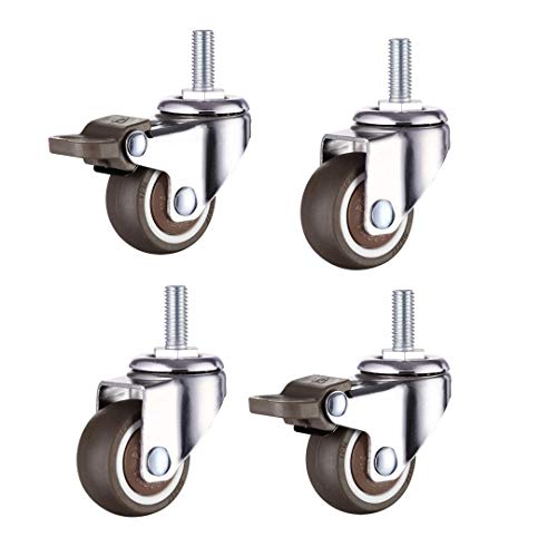 Norgail 1 Inch Small Tiny Shopping Cart Wheel Trolley Swivel Caster Wheels Soft Rubber TPE M6x 15mm Metric Threaded Mini Stem Caster Wheel 2 with Brakes 24lb11kg Load Capacity Set of 4 - Image 1