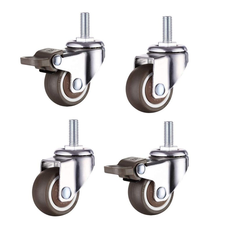 Norgail 1 Inch Small Tiny Shopping Cart Wheel Trolley Swivel Caster Wheels Soft Rubber TPE M6x 15mm Metric Threaded Mini Stem Caster Wheel 2 with Brakes 24lb11kg Load Capacity Set of 4 - Image 2
