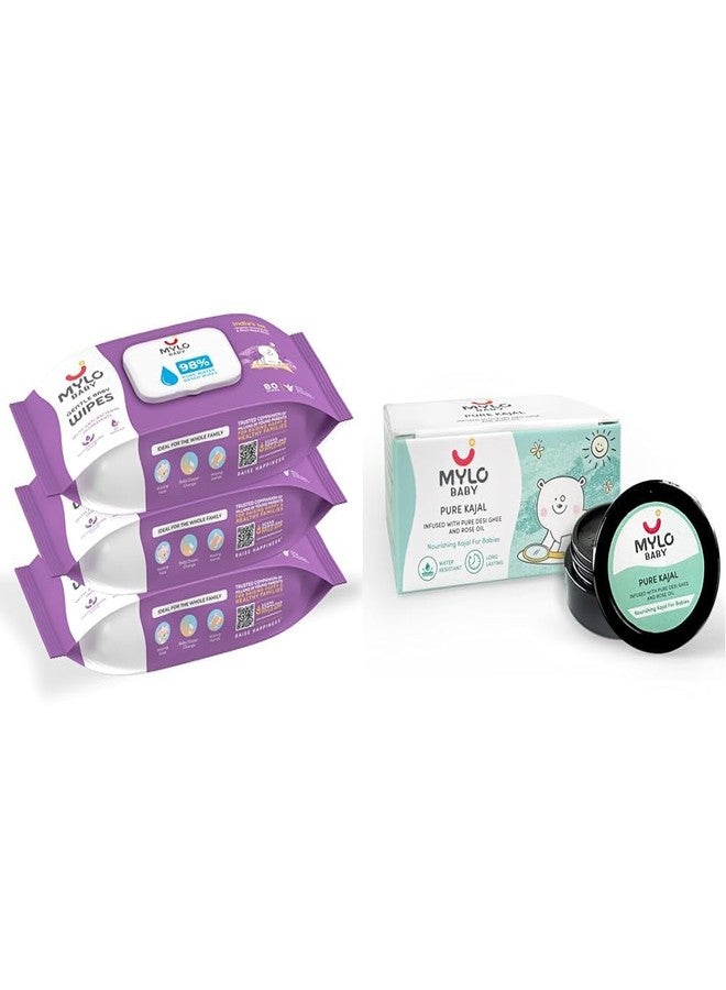 Mylo Baby Wipes With Lid Pack of 3 + Kajal 5g Combo | 98% Water Wipes with Aloe, Neem & Coconut | Talc-Free Baby Powder for Rash-Free Skin | Gentle, Safe & Multi