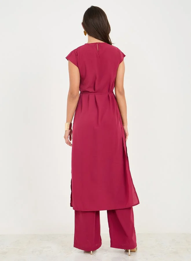 Styli Solid Round Neck Longline Top and Wide Leg Pant Set