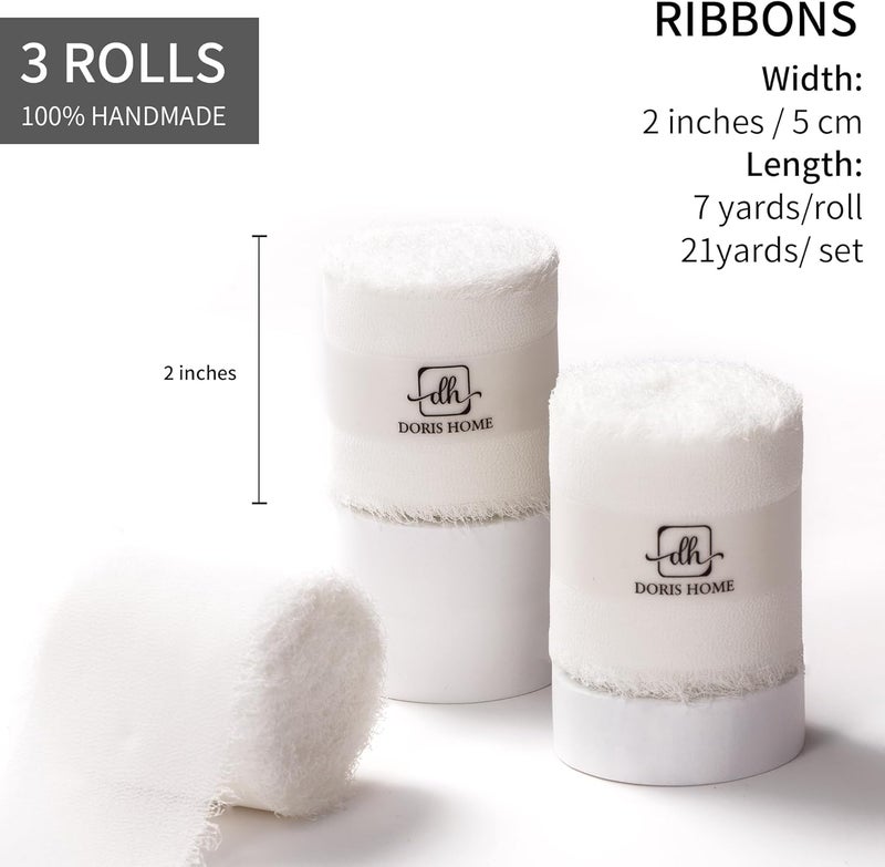 Doris Home Ivory White Chiffon Ribbon for Flower Bouquet, 2" x21Yd Fabric Ribbon for Gift Wrapping, Handmade Frayed Ribbon for Wedding/Christmas Decorations - Image 3