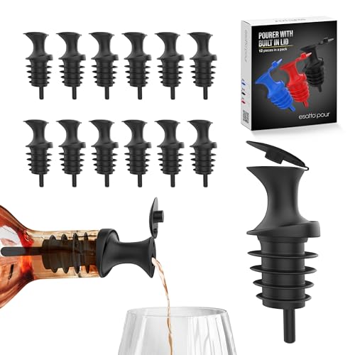 Esatto Pour and Seal, Plastic Bottle Pourers With Built In Lid – Easy and Precise Pouring, Lid for Storing and Healthy Practices, Professional Bar Tool, Pack of 12 Pieces Wine Stopper Pourer (Black) - Image 1