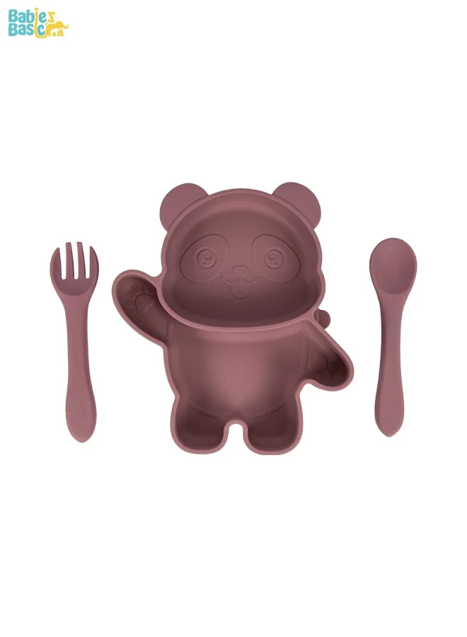 Babies Basic Feeding Set, 3 Piece, Silicone Set For Self Feeding, Learning & Fine Motor Skills Soft, Easy To Grip,Silicone Suction Plate With Silicone Spoon And Fork- Pink