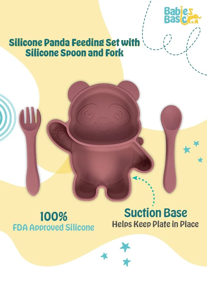 Babies Basic Feeding Set, 3 Piece, Silicone Set For Self Feeding, Learning & Fine Motor Skills Soft, Easy To Grip,Silicone Suction Plate With Silicone Spoon And Fork- Pink
