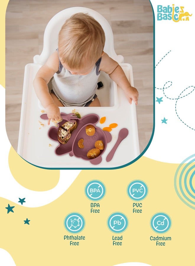 بابيز_بيسك مجموعة تغذية، 3 قطع، مجموعة سيليكون للتغذية الذاتية، سهلة الامساك، طبق سيليكون بوظيفة الشفط مع ملعقة وشوكة سيليكون. - Image 3