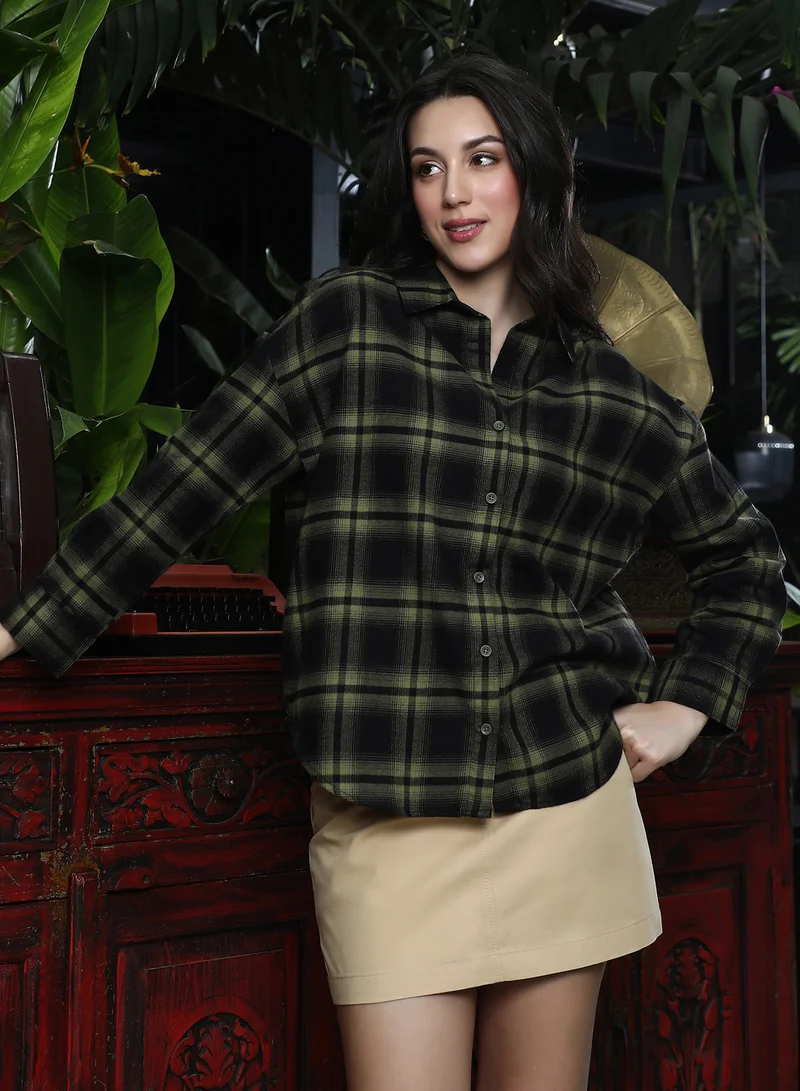 PINACOLADA Women's Brushed Buffalo-Check Oversized Shirt | Spread Collar , Long Button-Cuff Sleeves, Button Closure | Checks Brushed Woven Shirt For Casual & Daily Wear | Seaweed Green