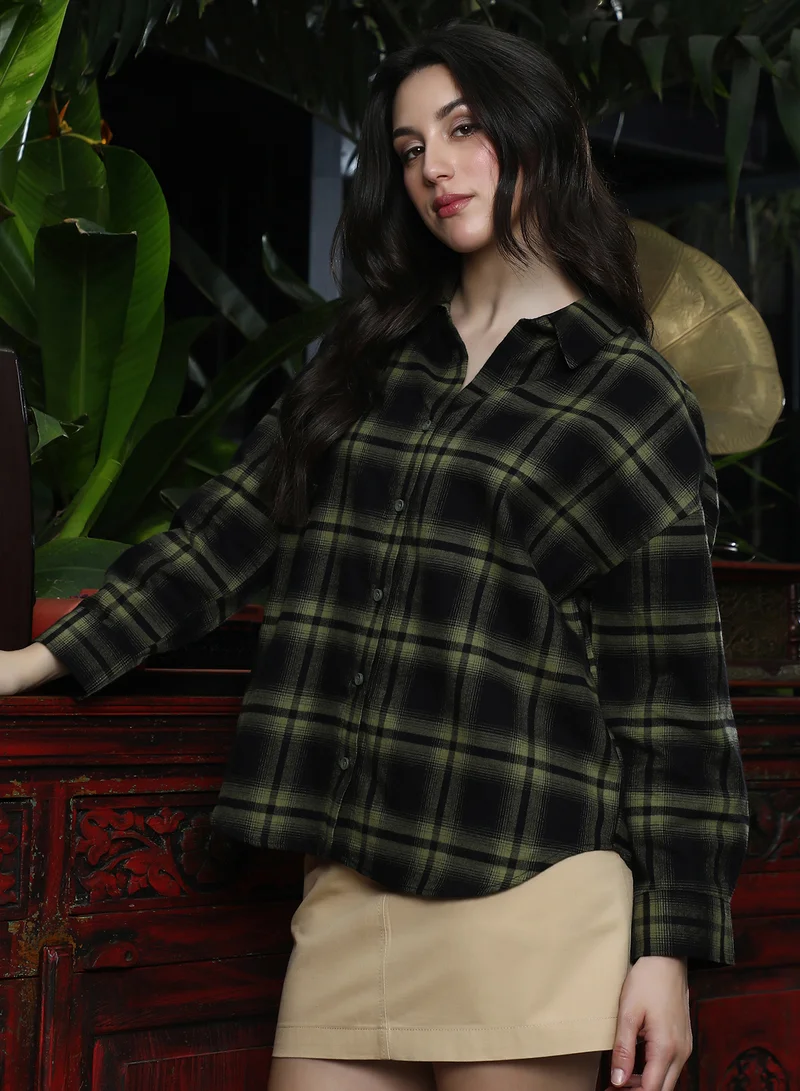 Pinacolada  Women's Seaweed Green Brushed Buffalo-Check Oversized Shirt | نساء | أكمام طويلة | كاروهات | طوق منتشر | كاجوال كبير الحجم | قميص for Women | Best Price UAE