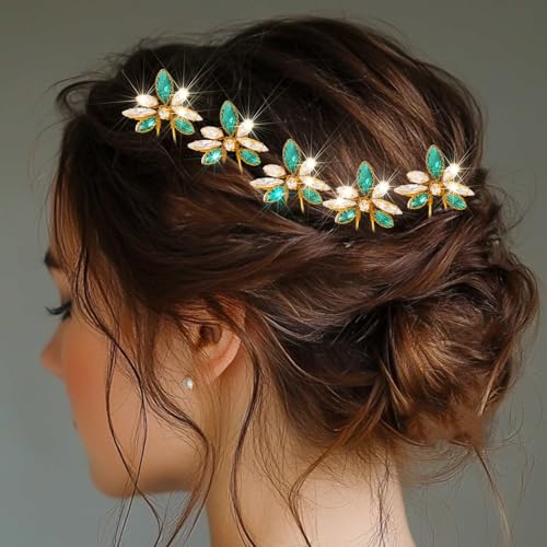 Yokawe Wedding Hair Pins Gold Rhinestone Bridal Hairpin Green Crystal Headpiece Hair Accessories for Women and Girls （Pack of 5） - Image 1