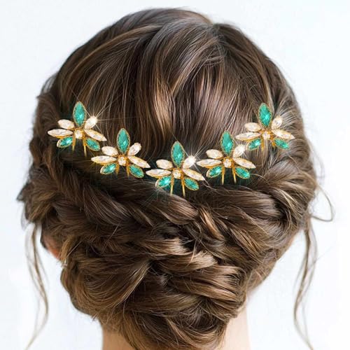 Yokawe Wedding Hair Pins Gold Rhinestone Bridal Hairpin Green Crystal Headpiece Hair Accessories for Women and Girls （Pack of 5） - Image 4