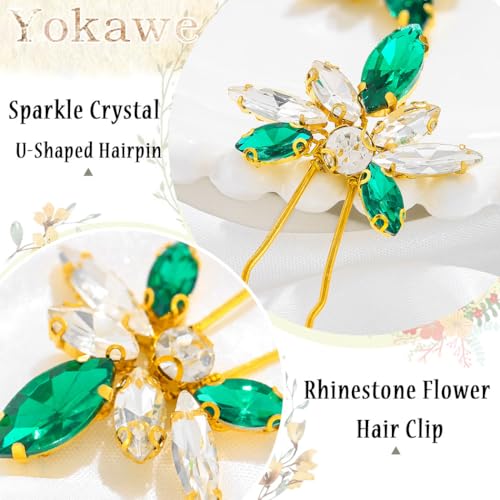 Yokawe Wedding Hair Pins Gold Rhinestone Bridal Hairpin Green Crystal Headpiece Hair Accessories for Women and Girls （Pack of 5） - Image 3