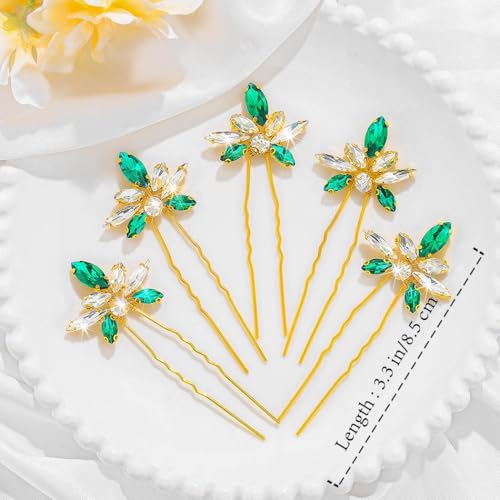 Yokawe Wedding Hair Pins Gold Rhinestone Bridal Hairpin Green Crystal Headpiece Hair Accessories for Women and Girls （Pack of 5） - Image 5