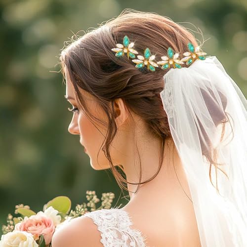 Yokawe Wedding Hair Pins Gold Rhinestone Bridal Hairpin Green Crystal Headpiece Hair Accessories for Women and Girls （Pack of 5） - Image 2