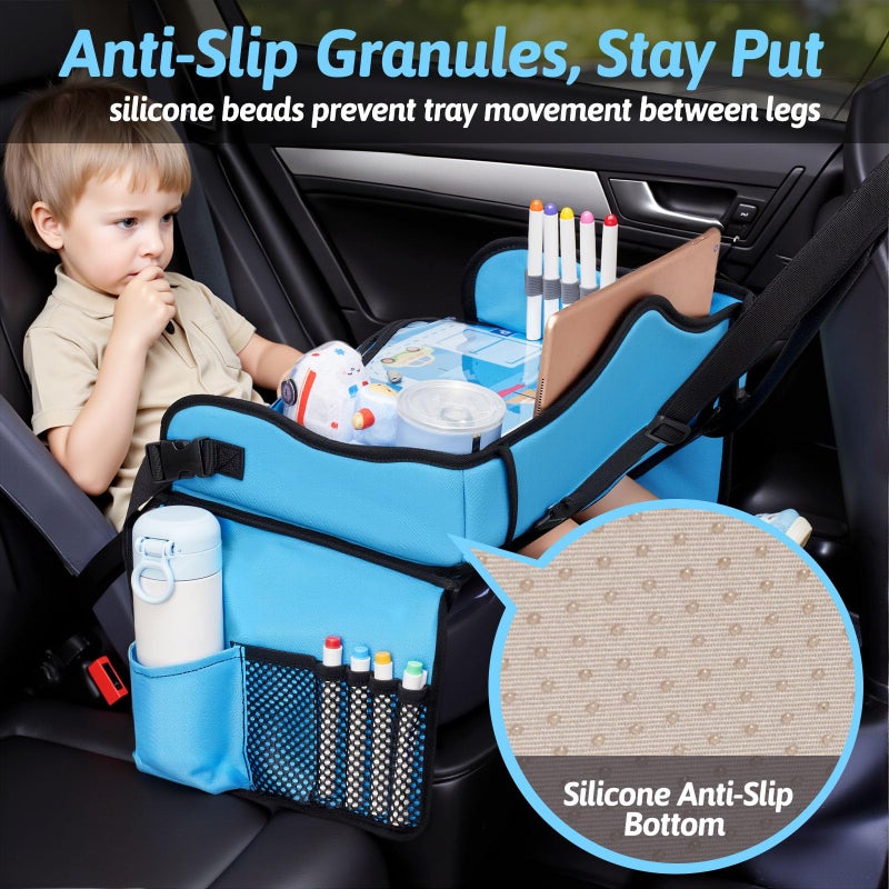 OUOZZZ Kids Travel Tray for Car - Boy's Safety Seat Table, Toddler Road Trip Essentials - Carseat/Airplane Lap Desk with Weight-Relief Strap, Non-Skid Silicone Base, Waterproof Dining/Craft Mat - Image 4