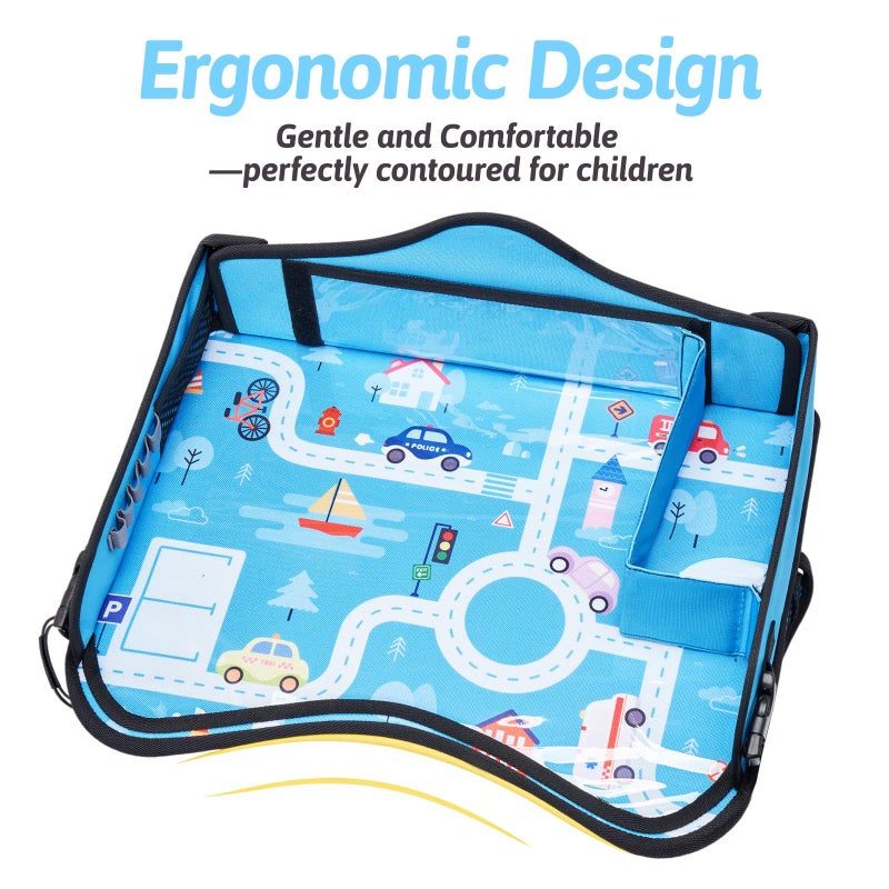 OUOZZZ Kids Travel Tray for Car - Boy's Safety Seat Table, Toddler Road Trip Essentials - Carseat/Airplane Lap Desk with Weight-Relief Strap, Non-Skid Silicone Base, Waterproof Dining/Craft Mat - Image 3