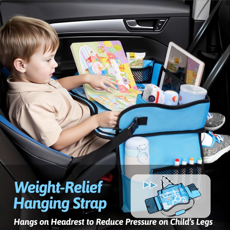 OUOZZZ Kids Travel Tray for Car - Boy's Safety Seat Table, Toddler Road Trip Essentials - Carseat/Airplane Lap Desk with Weight-Relief Strap, Non-Skid Silicone Base, Waterproof Dining/Craft Mat - Image 2