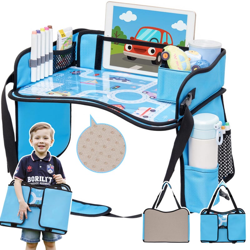 OUOZZZ Kids Travel Tray for Car - Boy's Safety Seat Table, Toddler Road Trip Essentials - Carseat/Airplane Lap Desk with Weight-Relief Strap, Non-Skid Silicone Base, Waterproof Dining/Craft Mat - Image 1