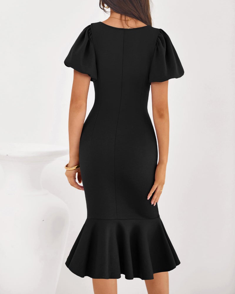 BTFBM Women Formal Wedding Guest Cocktail Dresses 2026 Short Sleeve Ruffle Mermaid Work Bodycon Elegant Midi Summer Dress(Black, Small) - Image 3