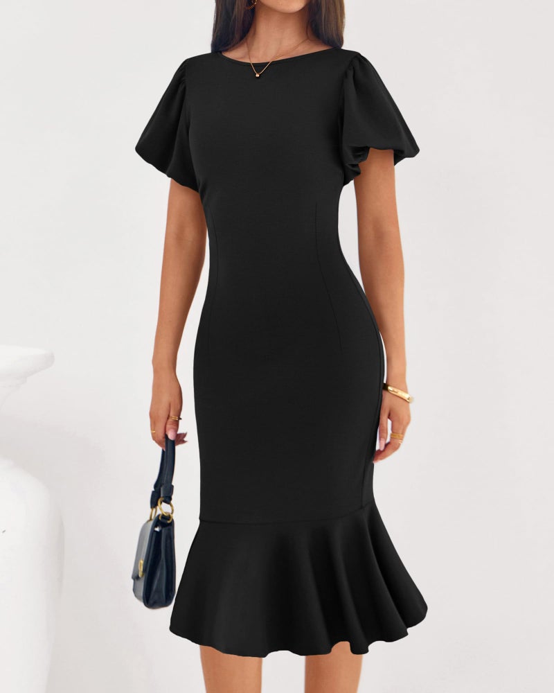 BTFBM Women Formal Wedding Guest Cocktail Dresses 2026 Short Sleeve Ruffle Mermaid Work Bodycon Elegant Midi Summer Dress(Black, Small) - Image 5