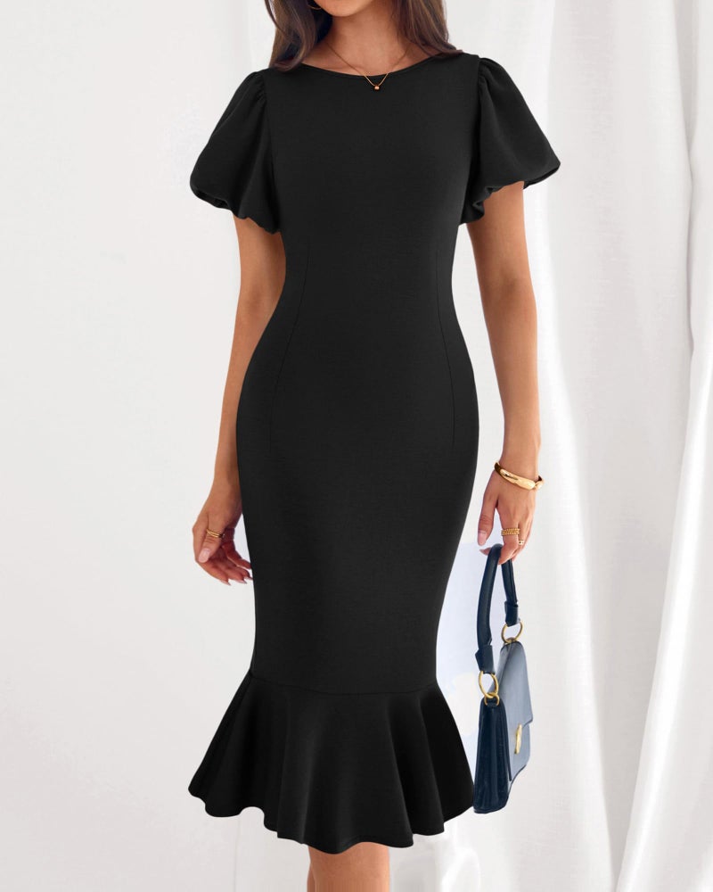 BTFBM Women Formal Wedding Guest Cocktail Dresses 2026 Short Sleeve Ruffle Mermaid Work Bodycon Elegant Midi Summer Dress(Black, Small) - Image 2